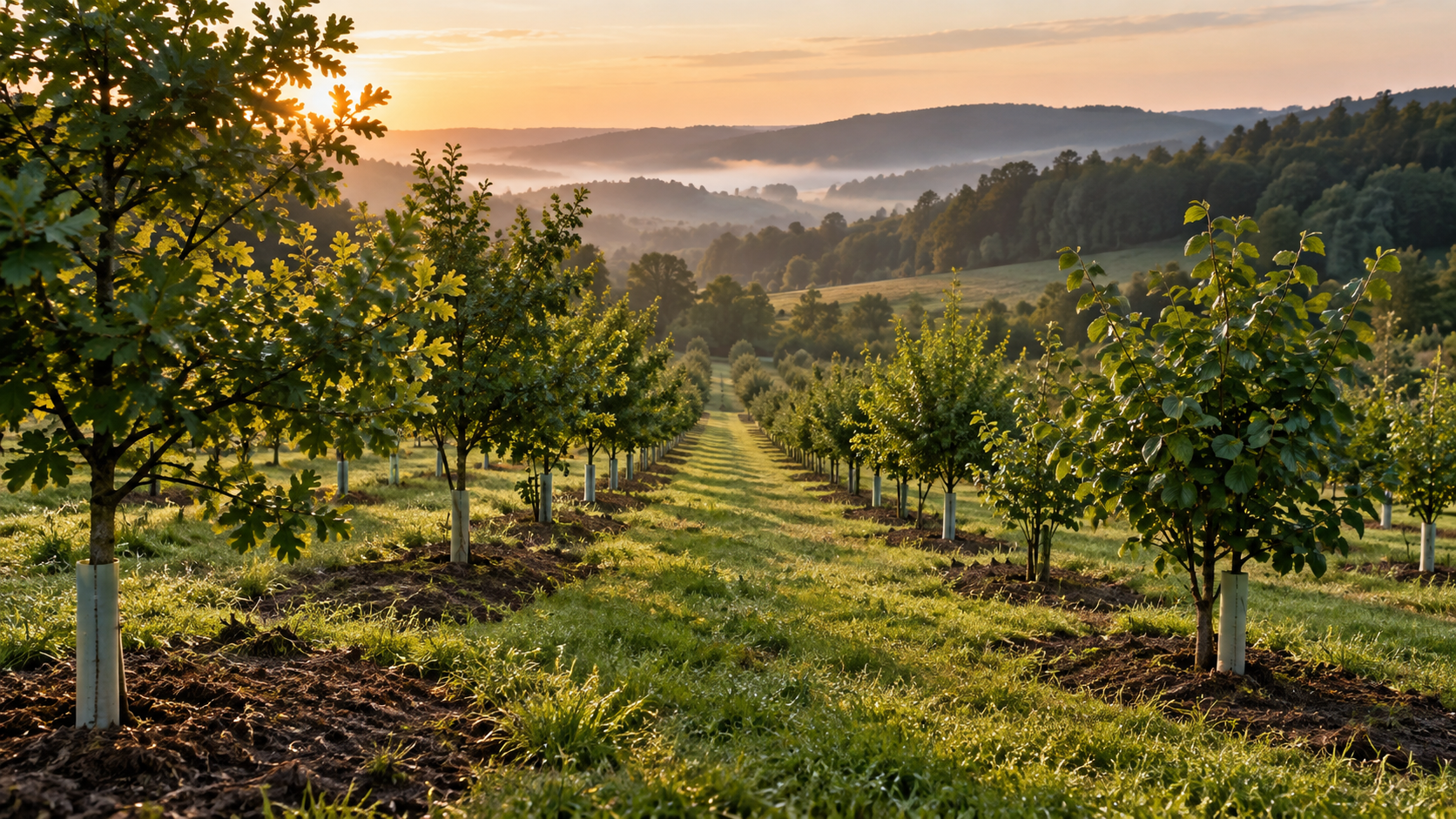 Rows of truffle oak trees in an orchard at dawn